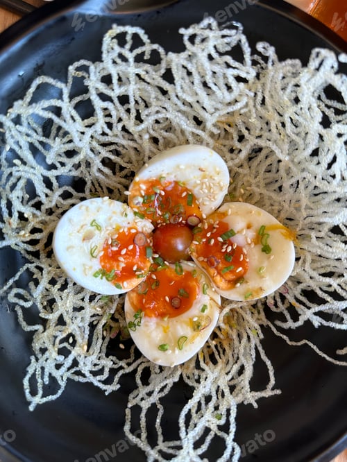 Preview: Onsen tamago served with deep fried vermicelli, Japanese cuisine.
