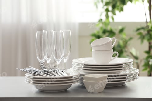 Preview: Set of clean dishware, cutlery and champagne glasses on table indoors
