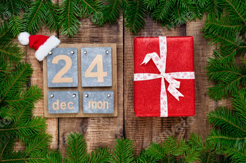 Preview: Christmas greeting card wooden background.
