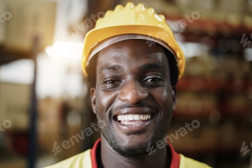 Preview: Portrait of happy african worker man looking at camera inside warehouse store - Focus on face