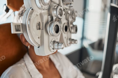 Preview: Ophthalmologist phoropter, patient consultation or eye exam for vision, healthcare or wellness. Sen