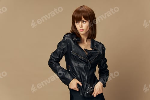 Preview: Fashion woman model posing beige background. Beautiful skin and hair caret