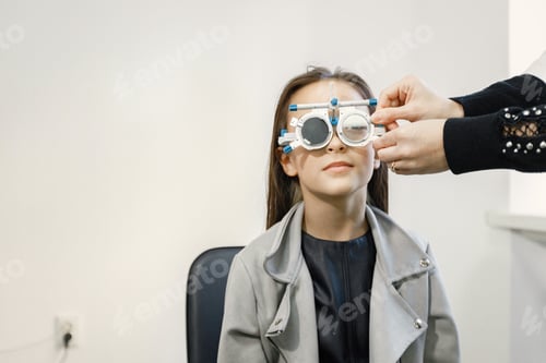 Preview: Girl doing eye test checking examination with optometrist