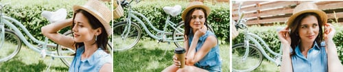 Preview: collage of girl in straw hat holding paper cup and sitting near bicycle