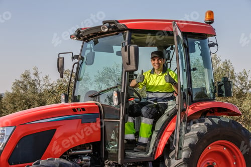 Preview: Farmer operating a red tractor in an olive grove under sunny skies
