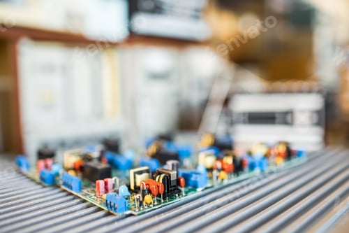 Preview: Close-up electric green embedded microcircuits in production