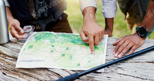 Preview: Hands, men and maps for hiking outdoor of trekking directions, forest navigation and direction. Los