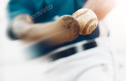 Preview: Baseball, sports and training where a bat hit a ball closeup for exercise, fitness or a workout. Ho