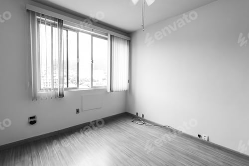 Preview: Empty apartment room interior with blank white walls and sliding windows