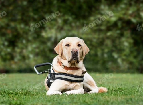 Guide dog Labrador Retriever, 2 years old, in park