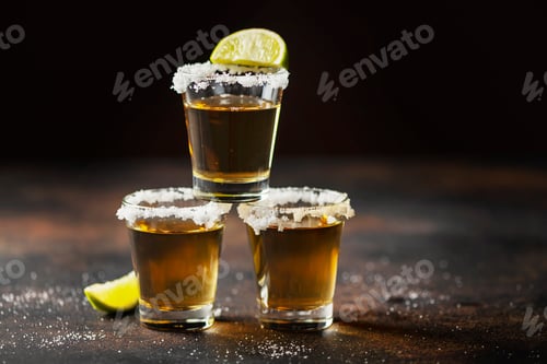 Three Tequila Shots with Salt and Lime