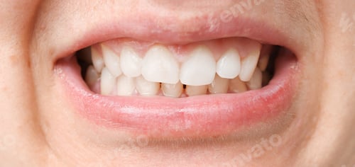 Preview: Mouth with white teeth, malocclusion, health problem. Close-up occlusion, misalignment.
