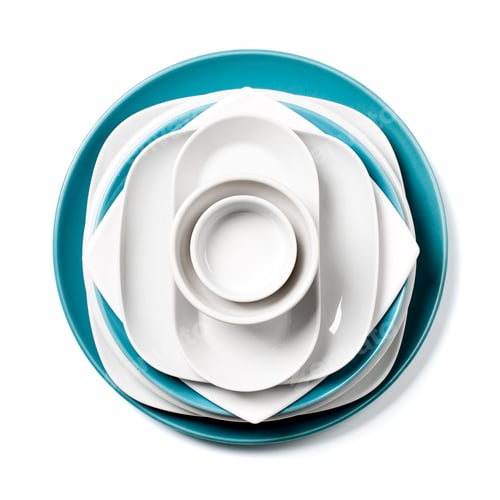 Preview: A stack of white and blue porcelain utensils on a clean white ba