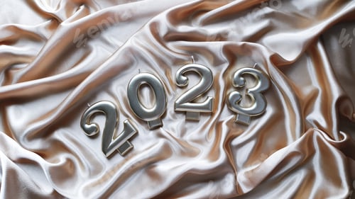 Preview: Candles in the form of numbers 2023 are lying on a golden silk fabric