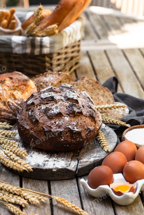 Preview: Concept of homemade bread, small bakery, natural farm products, domestic production.