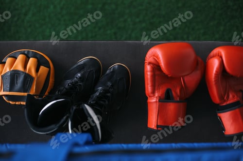 Preview: Punching Pad, Boxing Shoes And Gloves. Equipment For Boxing Training