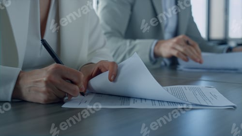 Preview: Business people sign contract in office. Closeup hand holding pen put signature