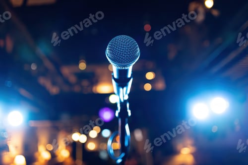 Preview: Microphone on stage against a background of auditorium.