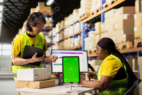 Preview: Diverse staff warehouse workers next to green screen monitor
