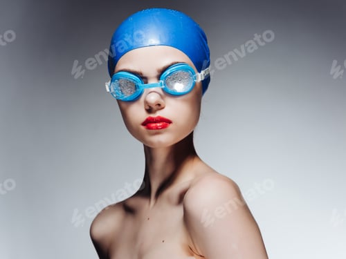 Preview: sporty woman with red lips swimming cap