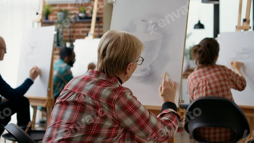 Preview: Old woman drawing model with artistic technique on canvas