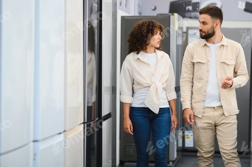 Preview: Couple choosing home appliances in electronics store