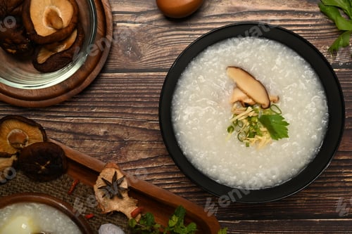 Preview: Rice porridge with shiitake mushroom, slice ginger and scallion.