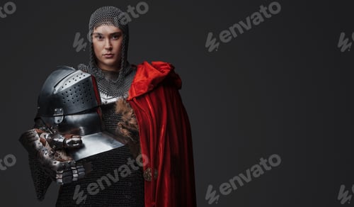 Preview: Determined female knight with red cloak and helmet
