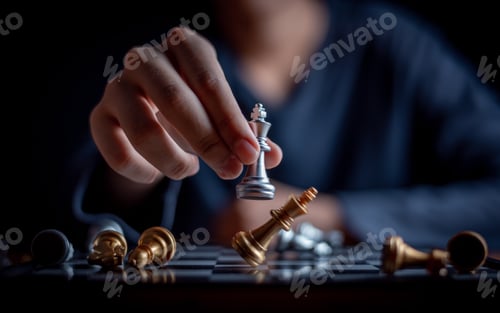 Preview: Young boy playing chess board between golden team and silver team ,he thinking serious how to winner
