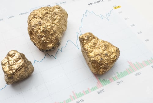 Preview: big gold nugget and dollar bills, finance concept
