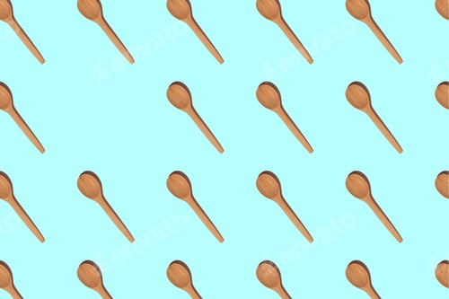 Preview: Pattern of wooden spoons with hard shadows isolated on light blue background. Copy space. Top view
