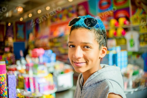 Vorschau: Porträt eines Teenagers mit blau gefärbten Haaren vor einem Süßwarenstand, Brooklyn, USA