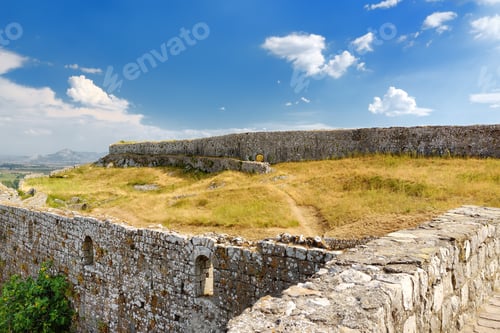 Preview: View of Fortress Rozafa near Shkodra city in amazing valley among mountains in Albania