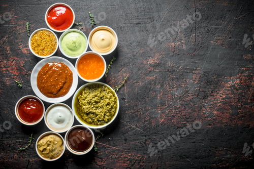 Preview: Barbecue sauce, pesto, mayonnaise, mustard with thyme sprigs.