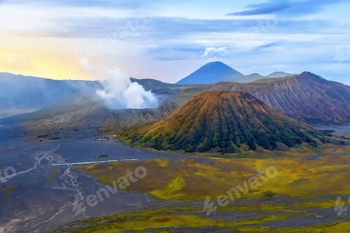 Preview: Bromo Tengger Semeru National Park in Indonesia, with calderas, mountains, and a colorful sky