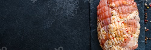 Preview: Meatloaf Pork In Roasting Net (Tasty And Healthy Raw Meat Food) Menu Concept. Background. Top View