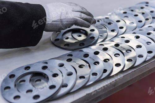 Preview: Engineers hand arranging cut parts in engineering factory, close up