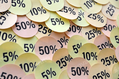 Preview: Large amount of stickers with yellow percentage values for black friday or cyber monday sale