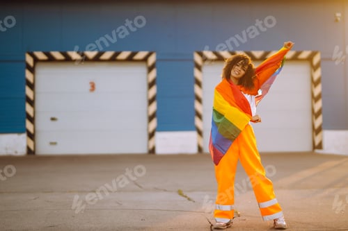 Preview: African American lesbian woman holding LGBT rainbow flag. The concept of happiness, freedom.