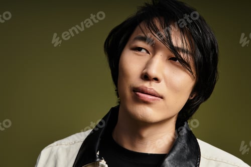 Preview: Stylish young man poses confidently in a trendy studio setting