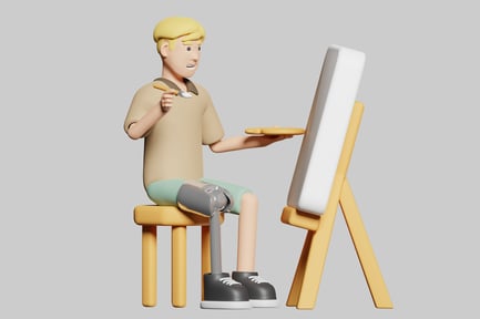 Preview: A man with a prosthetic leg paints on an easel.