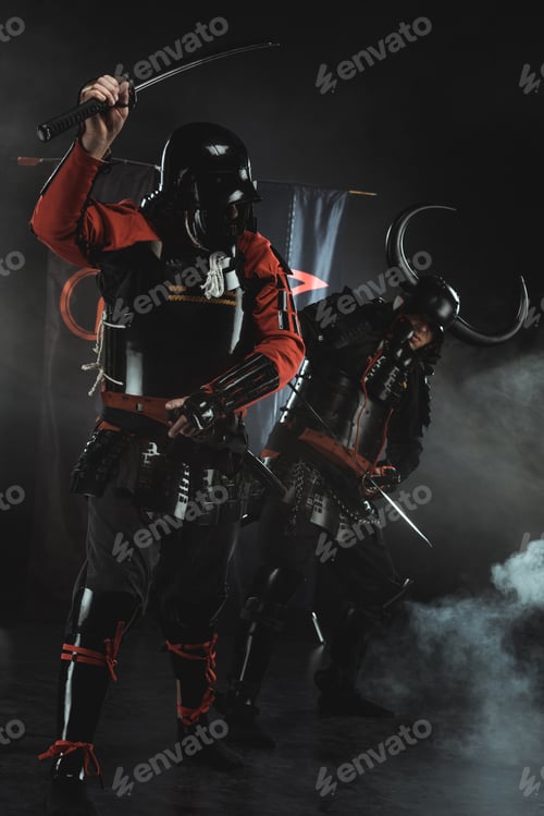 Preview: armored samurai fighting with swords in front of clan symbols on flags on black