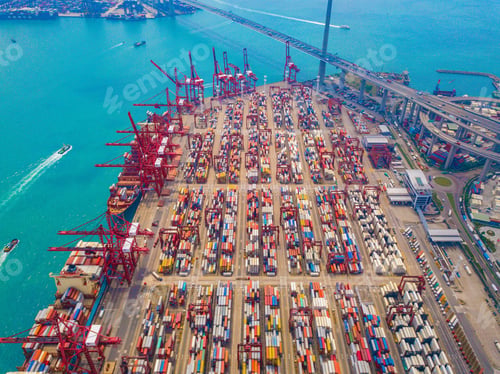 Preview: container cargo ship in the export and import business and logistics. Shipping to the harbor