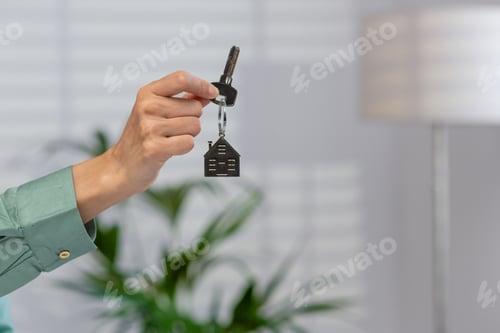 Preview: Close-up of hand holding house key in modern home interior with plants and furniture in background