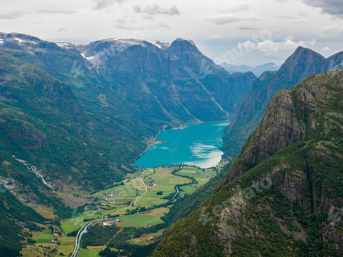 Preview: Views of peaks and Oldevatnet lake from Kattanakken, Jostedalsbreen National Park, Norway.