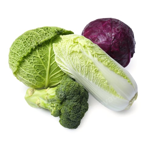 Preview: Many different types of fresh cabbage on white background