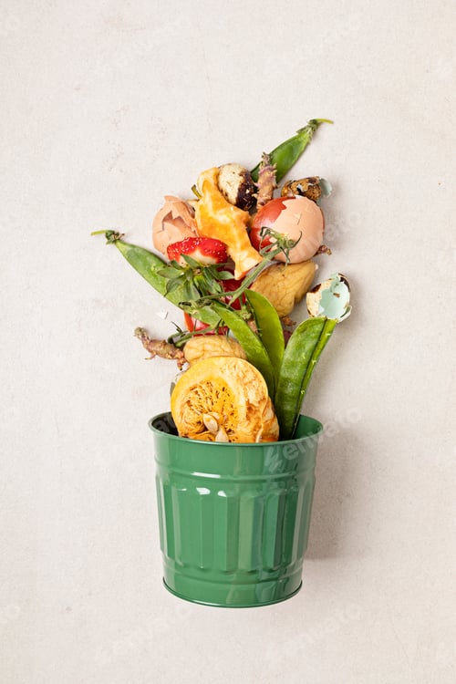 Preview: Green compost bin and kitchen leftovers. Recycling scarps, sustainable lifestyle