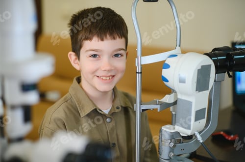 Preview: Smiling boy undergoing vision diagnostics with modern equipment in ophthalmology clinic
