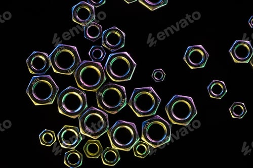 Preview: close up view of scattered metal nuts isolated on black