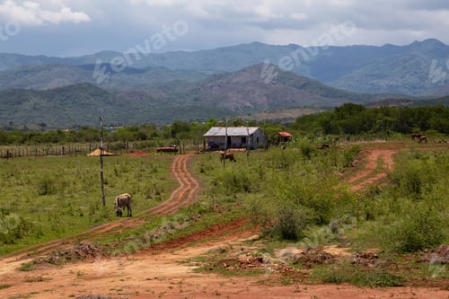 Preview: View of a farm on the country side with the mountains in the background